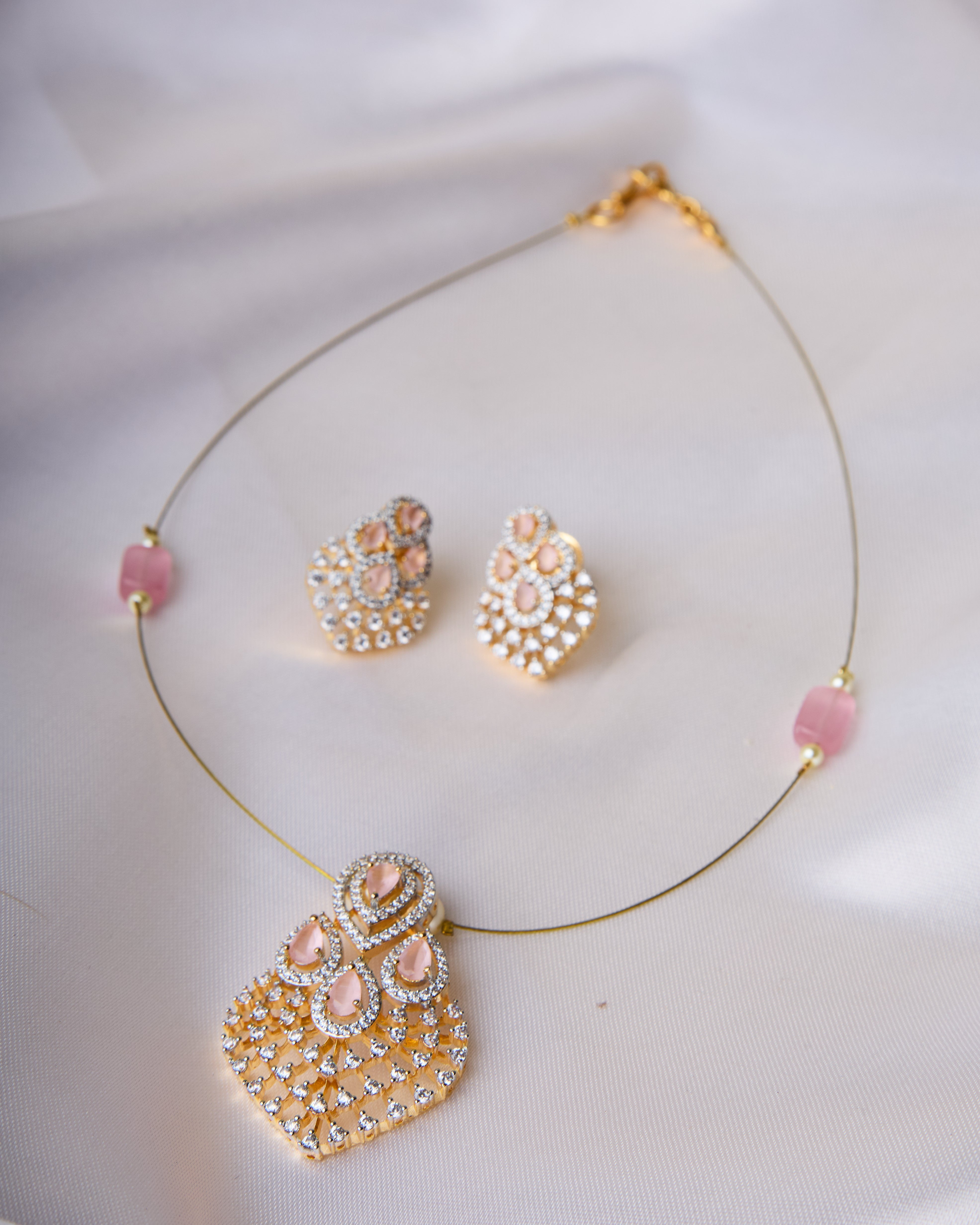 jiya diamond pink invisible necklace set