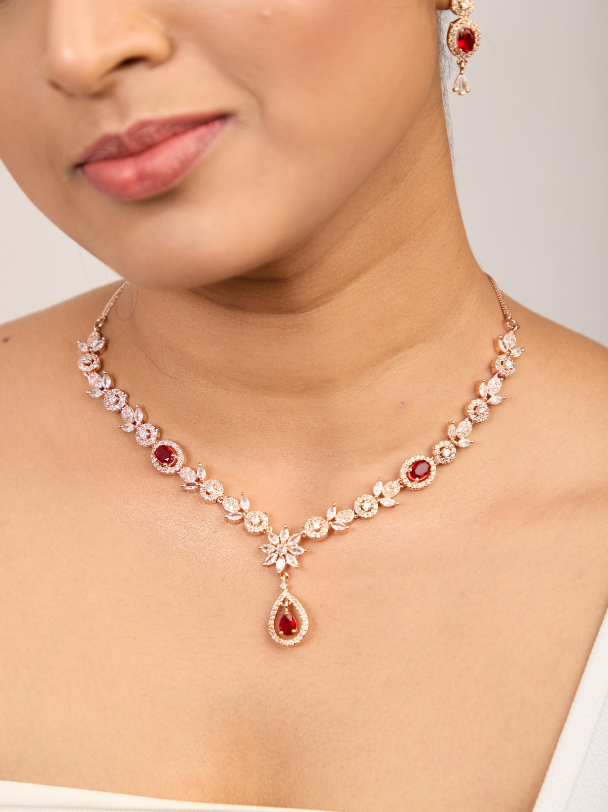 White & dark Pink Studded Handcrafted Jewellery Set
