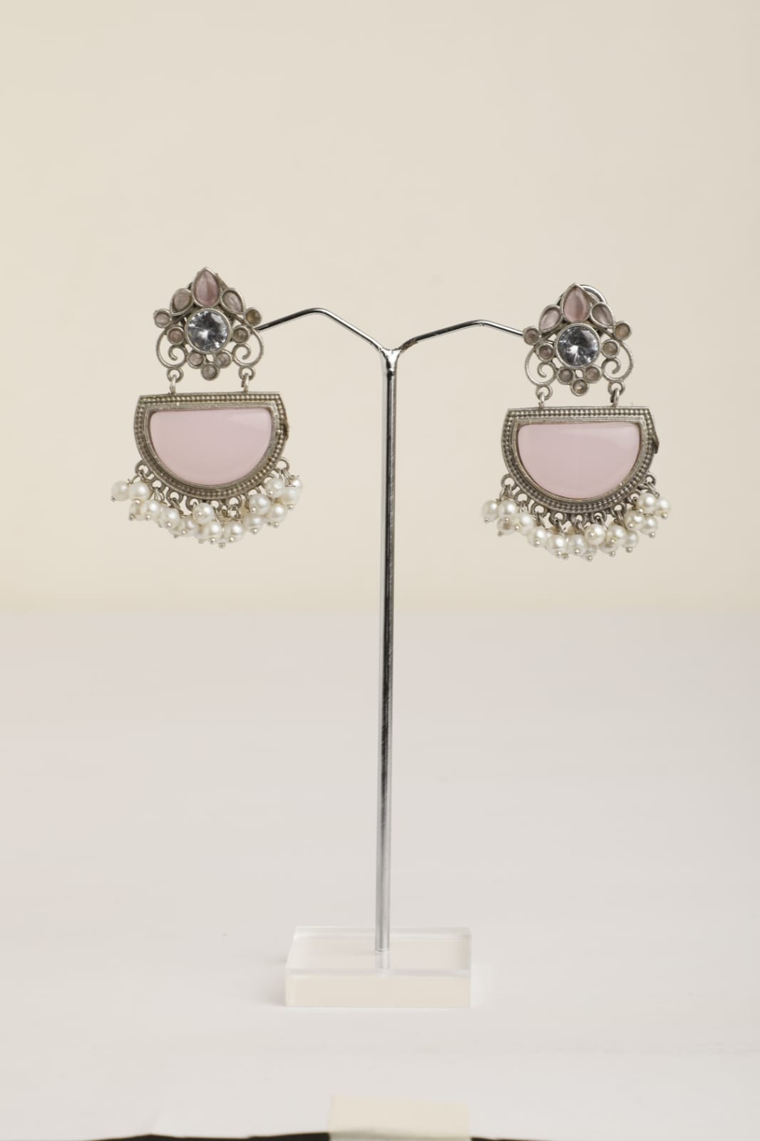 silver oxidised Contemporary Drop Earrings - Pink