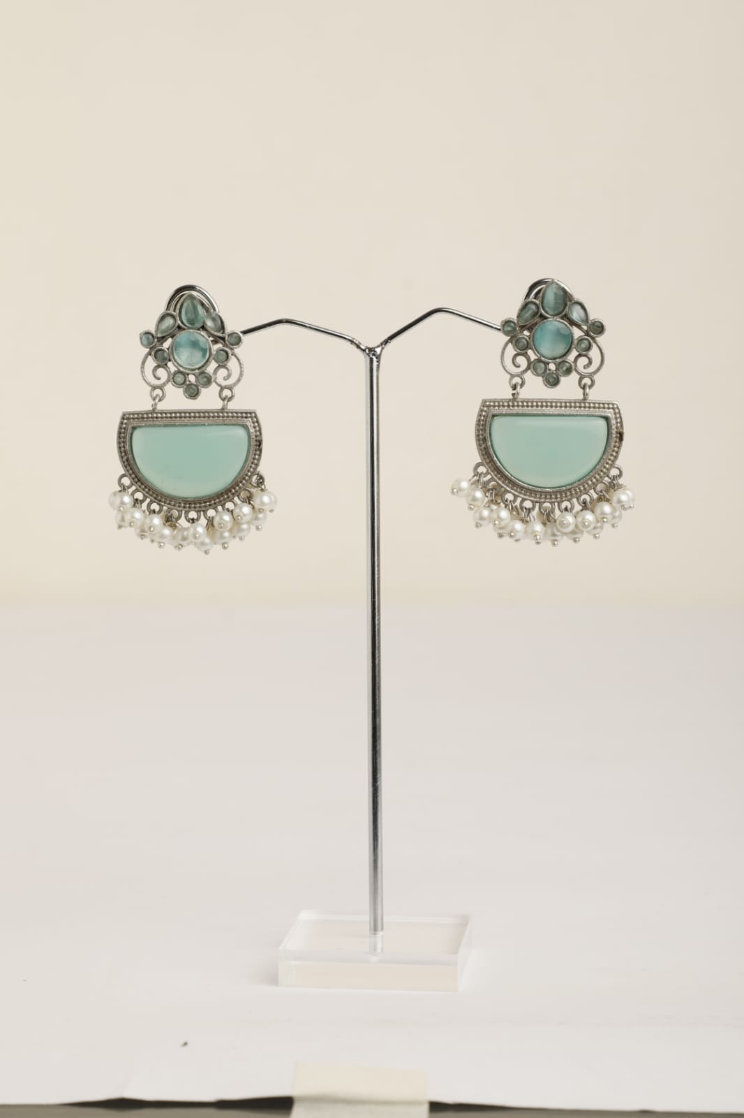silver oxidised Contemporary Drop Earrings - mint green