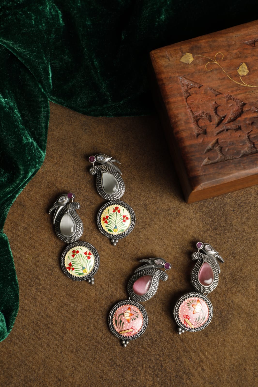 Silver Oxidised Jaipur's Hand Painted Silver bird Design Monalisa Stone Earrings For Women