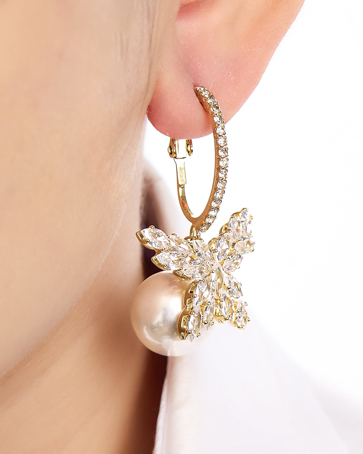 Crystal Butterfly Pearl Hoops